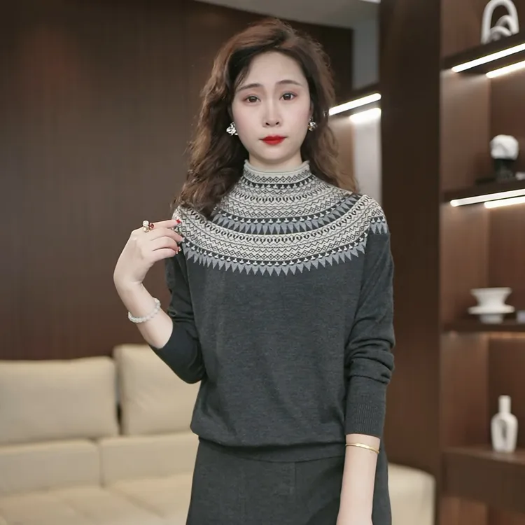 法式复古费尔岛毛衣提花高领针织衫2025年秋冬大码百搭上衣3703
