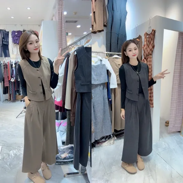 1637复古马甲配打底窄版阔腿裤套装