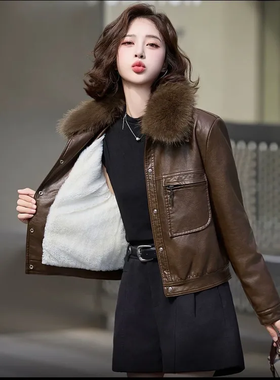 （ y121214）冬季新款海宁女士短款韩版修身时尚加绒加厚皮140-A12
