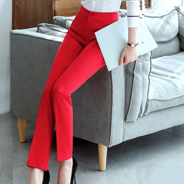 女士西裤职业装工作服大红色西装裤宝蓝色表演长裤子高腰直筒大码