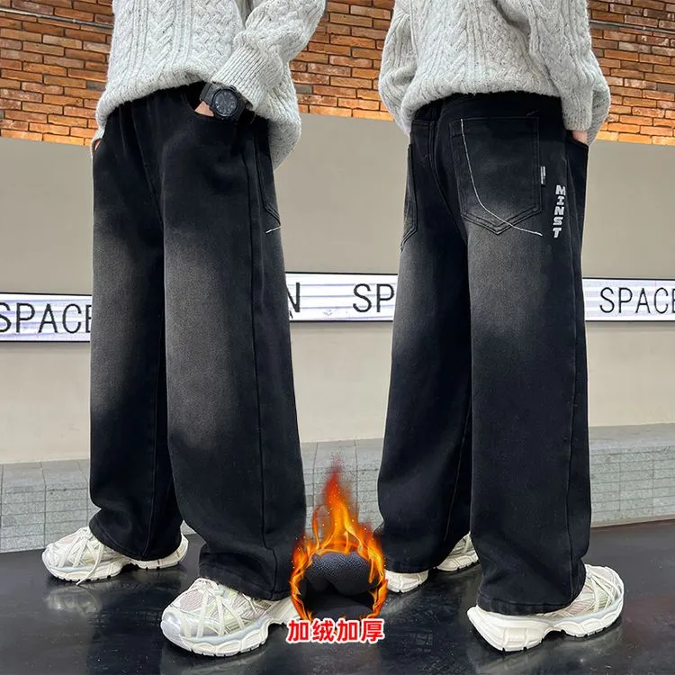 男童一体绒裤子2025新款儿童装冬装大童男孩直筒秋冬季加绒牛仔裤