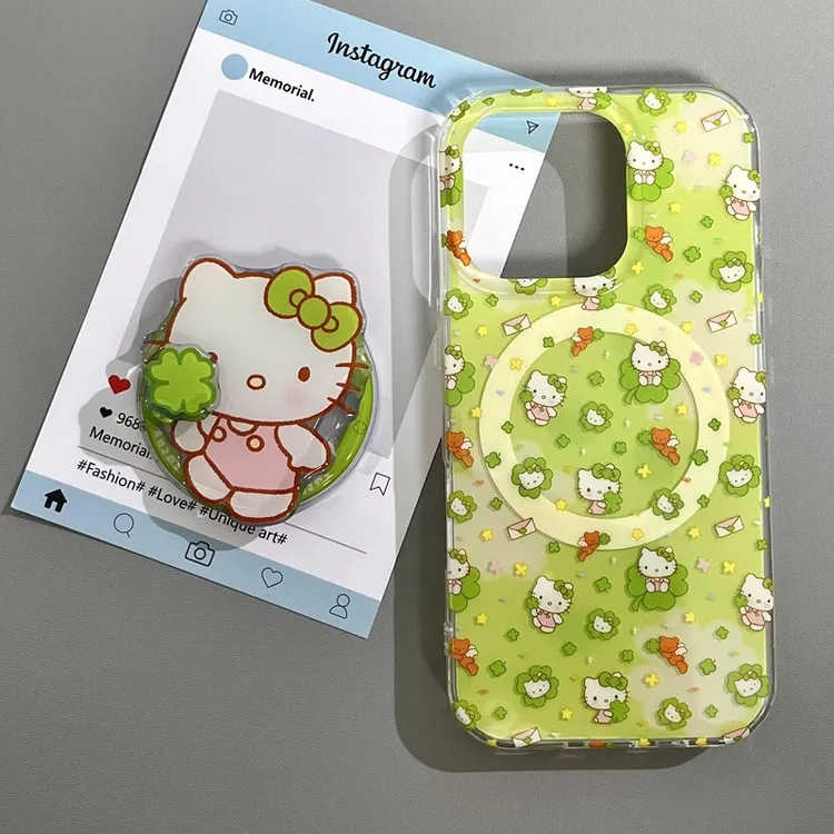 卡通四叶草KT猫适用苹果iphone16promax新款15手机壳14磁吸支架13