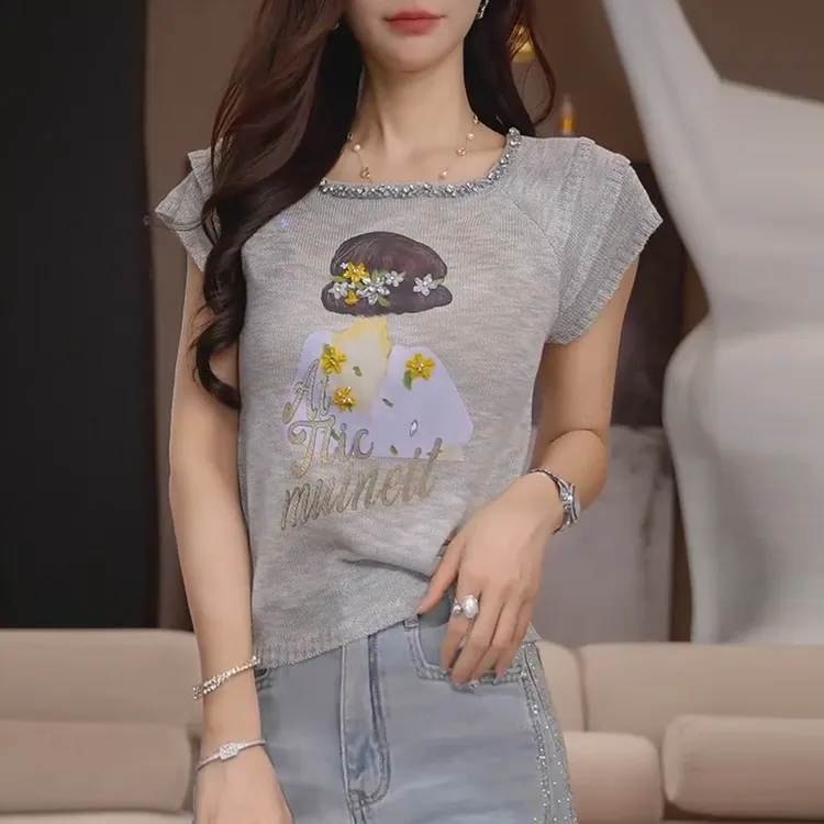 韩系方领串珠针织短袖t恤女2026夏季新款收腰显瘦时尚百搭上衣潮