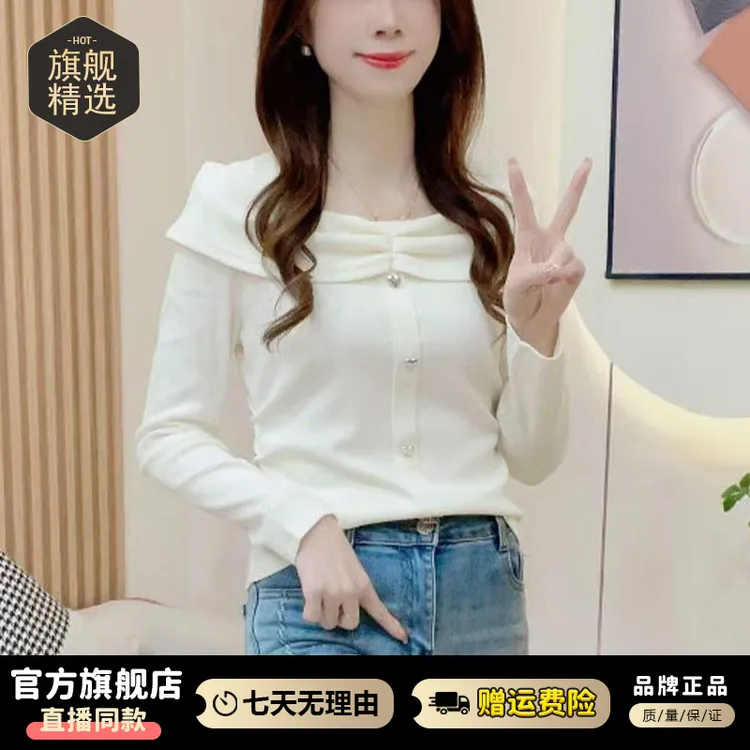 高含棉韩版简约方领褶皱长袖t恤女2025年春秋新款设计感百搭上衣