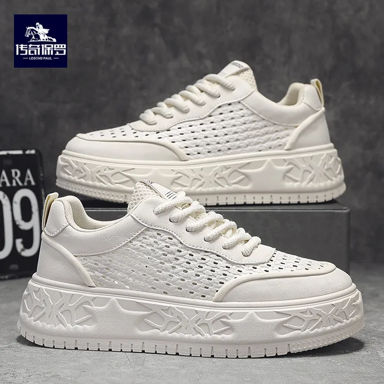 传奇保罗夏季新款厚底休闲男士大网孔板鞋透气小白鞋网面百搭男鞋