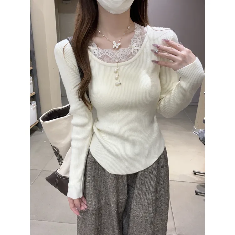 2025秋冬韩版纯欲温柔蕾丝拼接针织衫安迪绒打底长袖设计感毛衣女