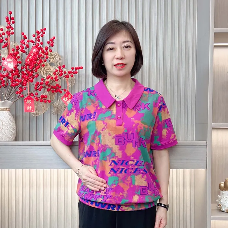 2025夏季新款时尚洋气百搭减龄显瘦气质翻领中老年妈妈装短袖t恤