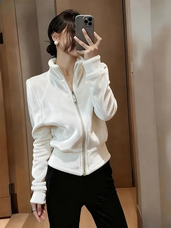 韩系气质时尚白色丝绒外套2025年秋季新款设计感小众别致宽松上衣