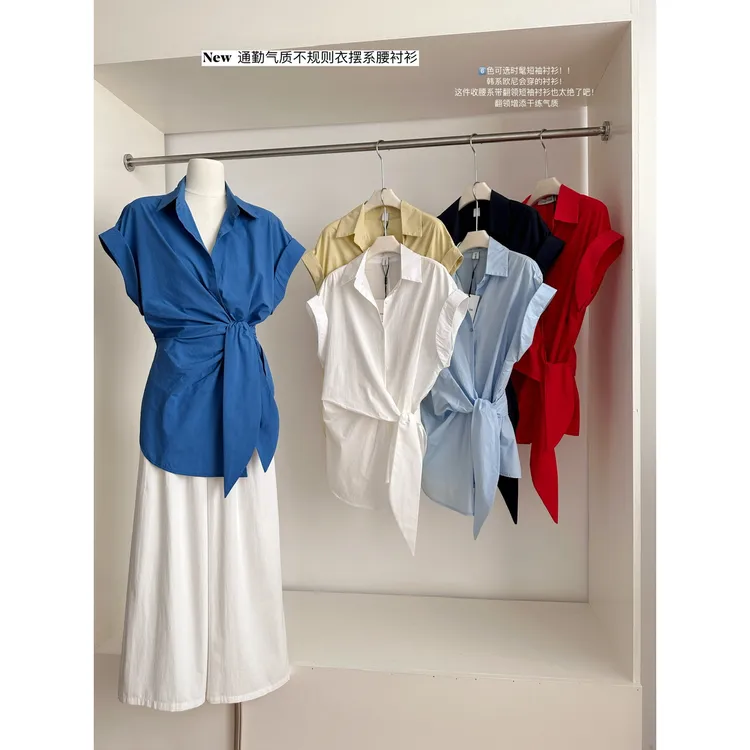 夏季新款法式复古设计感气质显瘦通勤翻领系带宽松短袖衬衫上衣女