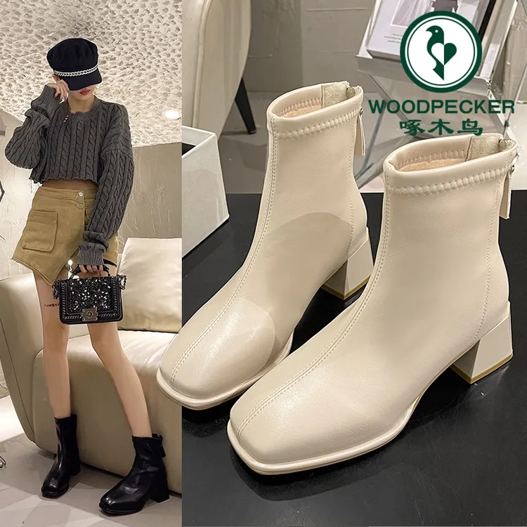 啄木鸟小个子粗跟短靴女2025新款韩版方头白色冬季加绒瘦瘦马丁靴