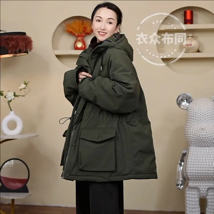 派克服冬季新款宽松休闲百搭韩版加厚抽绳显瘦中长款连帽棉服外套