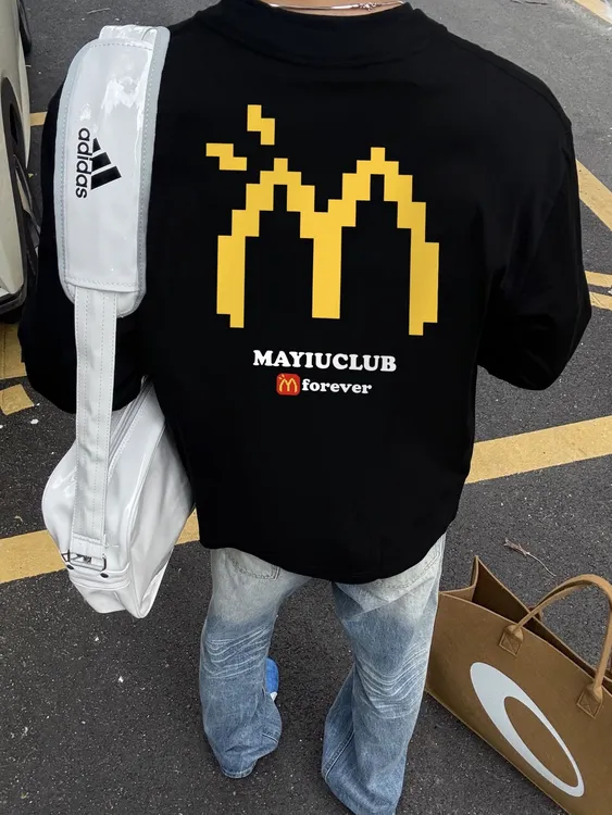美式高街宽松圆领M记字母简约印花重磅落肩校园情侣纯棉长袖T恤