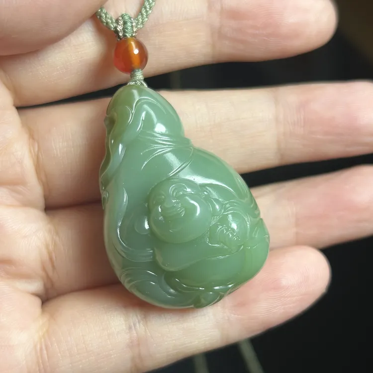 和田玉俄罗斯碧玉粉绿布袋佛福袋大肚弥勒佛三色巧雕