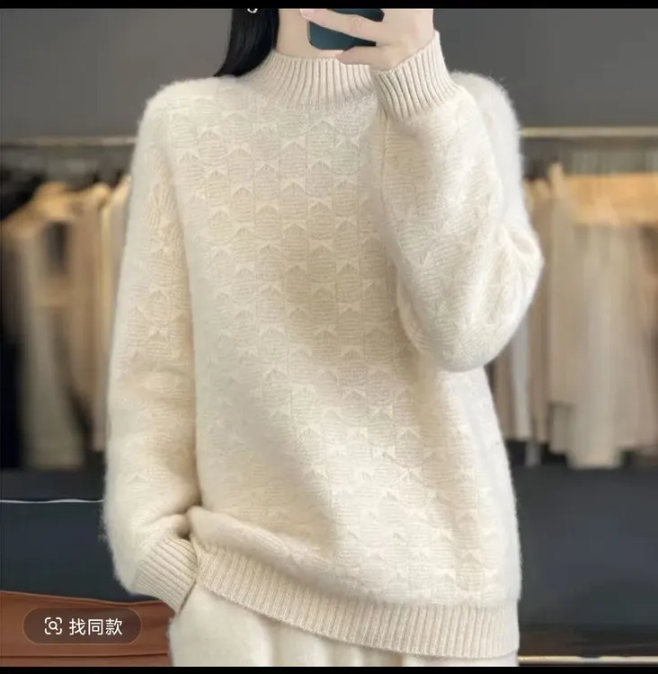 百搭加厚100%纯羊毛衫女半高领毛衣新款蝴蝶结提花针织衫保暖毛衣