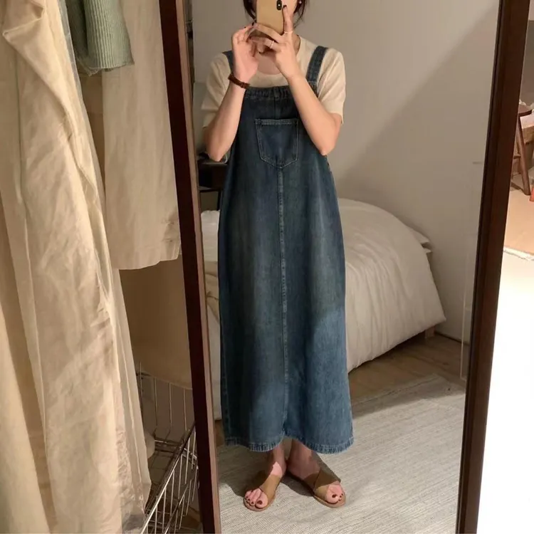 imiss复古蓝色牛仔背带裙女2025春秋新款韩系宽松长款吊带连衣裙