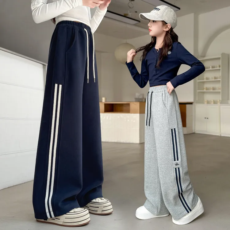 女童裤子秋冬款2025新款加绒卫裤儿童休闲运动裤女大童直筒阔腿裤