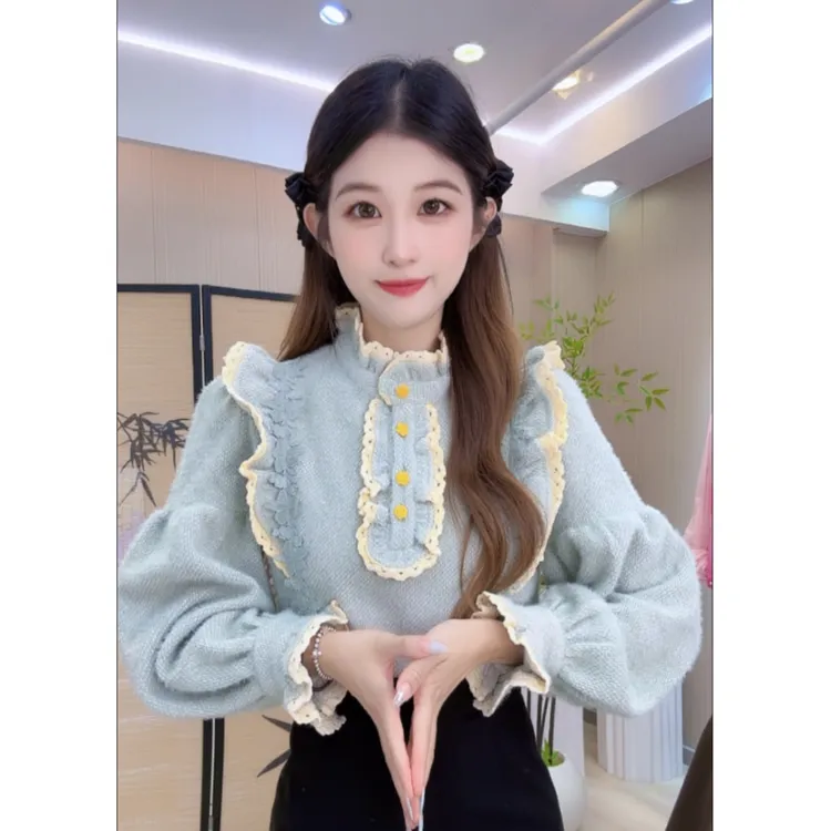 【812】法式温柔风穿搭秋冬新款衬衫女气质拼接花边女装秋冬衬衣