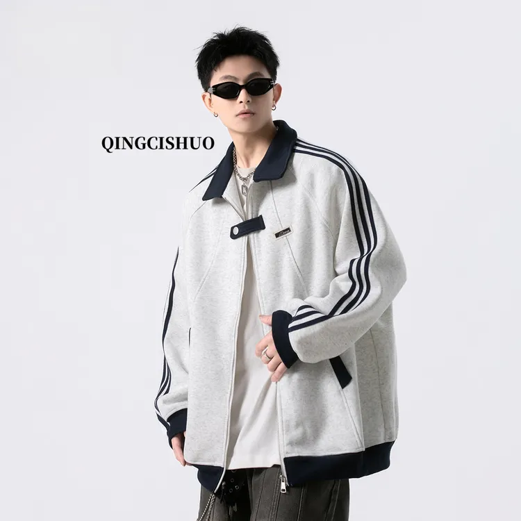 学院风条纹外套男春秋季新款青少年运动休闲宽松潮流百搭夹克外套