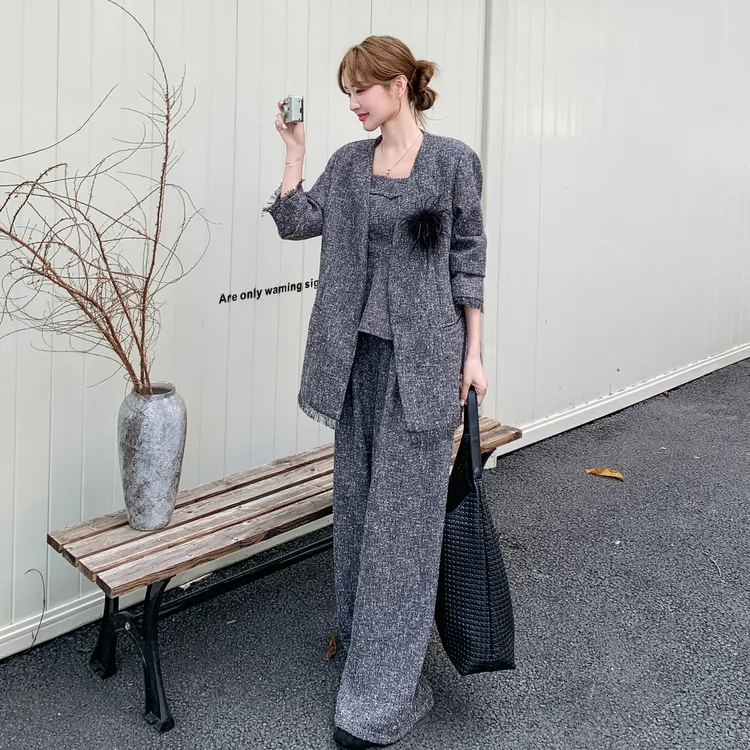 小众设计款高级感时尚套装女2025年秋季法式流苏外套阔腿裤三件套