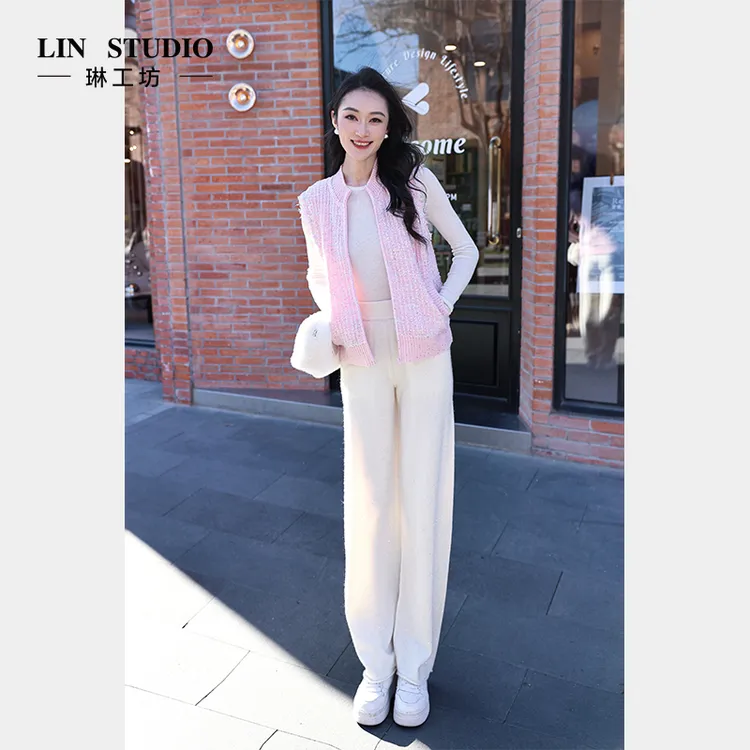 【裤子 山羊绒】琳工坊“菱歌”白色针织裤时尚气质显瘦休闲唐琳设计