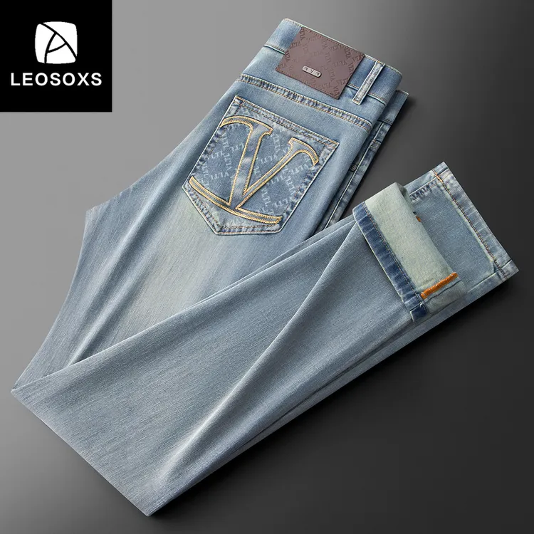 夏季高端时尚弹力精梳棉水洗浅蓝色牛仔裤男士修身百搭休闲直筒裤