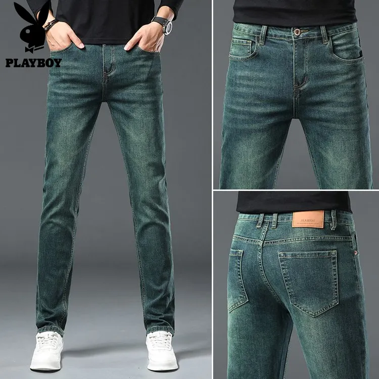 花花公子高端水洗牛仔裤男士秋冬季修身小脚裤潮牌外穿百搭长裤子