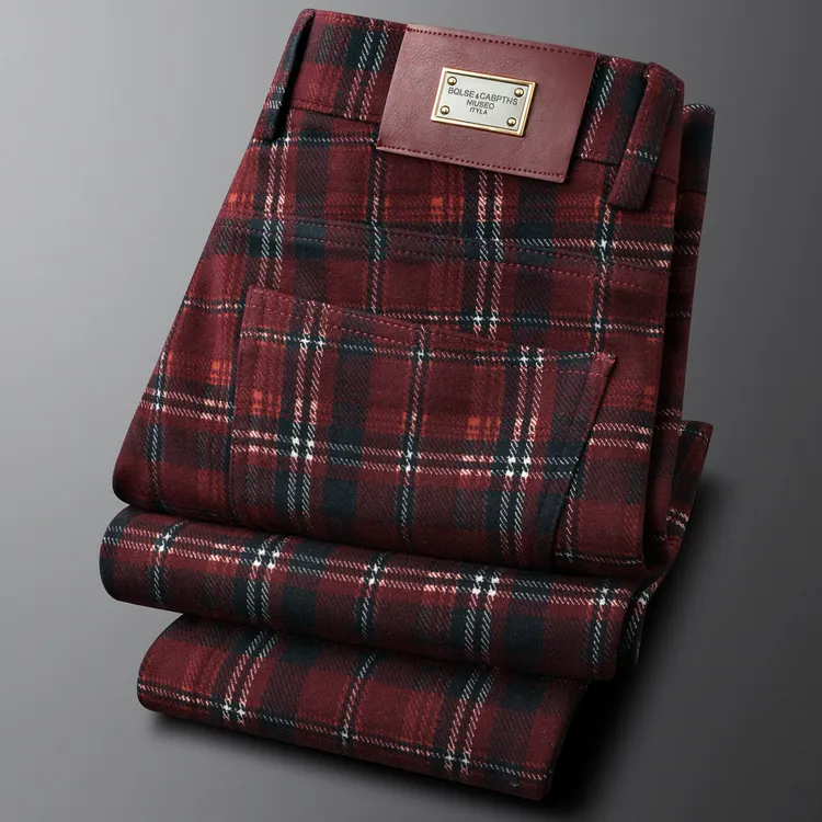 吉伦略索高端格子毛呢男商务休闲裤痞帅高级感修身时尚潮流直筒裤