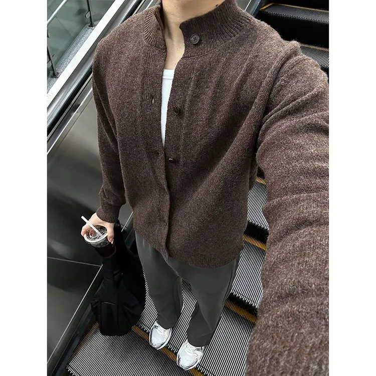 老钱风咖色混纺半高领毛衣开衫男款秋季高级感cleanfit针织衫外套