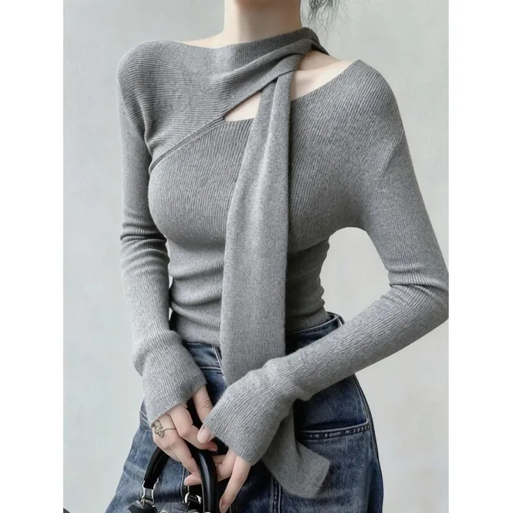 秋季独特超好看单穿上衣法式小众设计感洋气减龄通勤风灰色针织衫