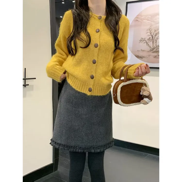 【千金短裙】加长秋冬款小香风加厚木耳花边A字通勤短裙半身裙25424