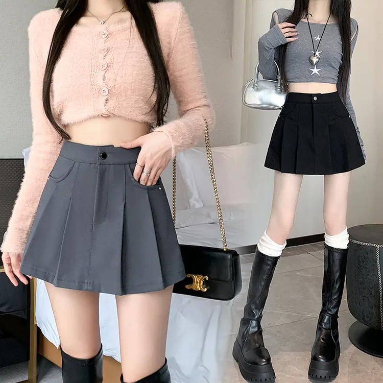 KEMAI实拍2023冬季加厚高腰百褶裙辣妹半身裙超短裙子女弹力裤裙