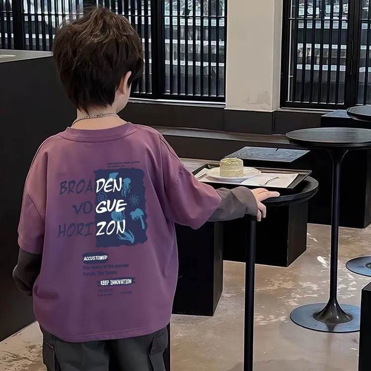 男童春秋假两件T恤长袖新款男孩帅气韩版打底衫儿童宝宝外穿上衣t