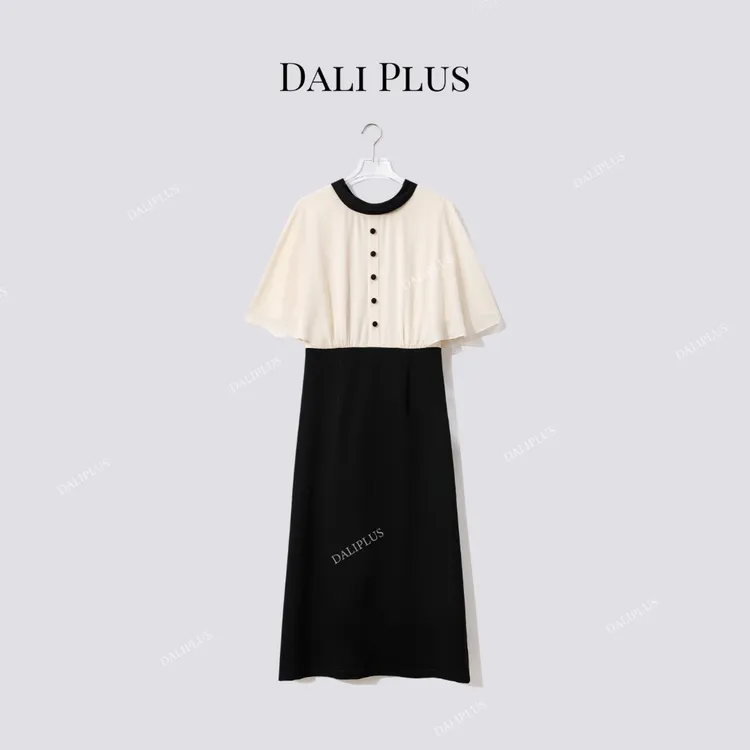 DALI PLUS“优雅斗篷桑蚕丝醋酸连衣裙”气质法式连衣裙-D5LT2199
