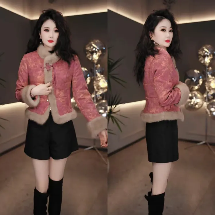 2025冬季新款加厚保暖复古提花贵气盘扣显瘦保暖毛毛棉外套M-4XL