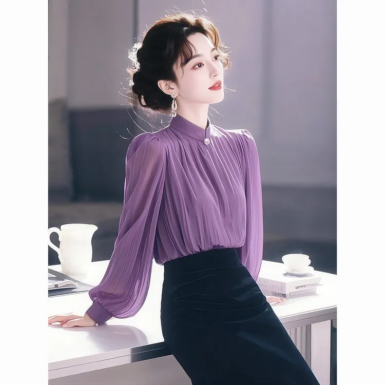 超火独特漂亮职场穿搭通勤上衣气质高级感紫色立领衬衫女春