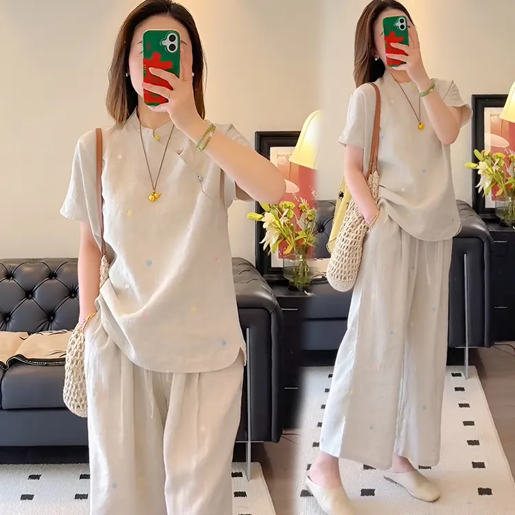 官图 气质国风文艺减龄防晒短袖短裤套装2025夏季宽松休闲显瘦