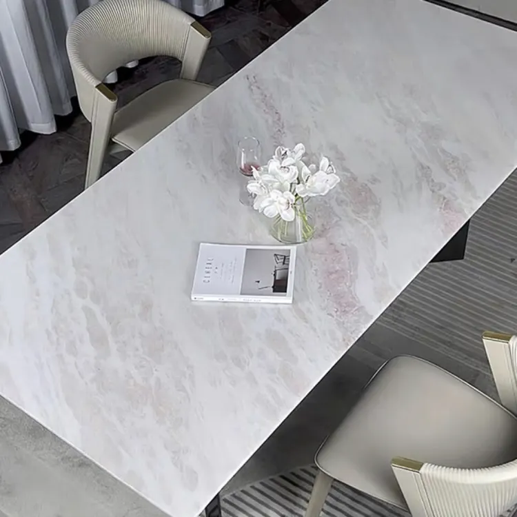 【芬迪粉钻】进口天然奢石餐桌现代简约高端芬迪粉家用饭桌定制