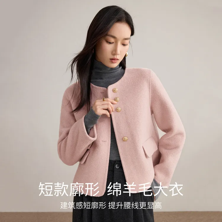 尚都比拉都市圆领金属扣真口袋厚保暖短款绵羊毛双面呢大衣F8771