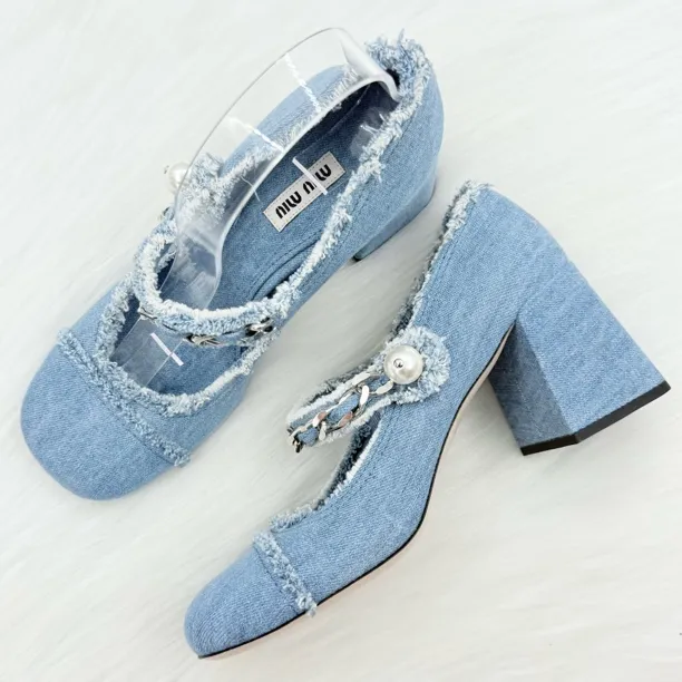 未使用 MIU MIU/缪缪 牛仔玛丽珍高跟鞋 37码 公价8.3k m033