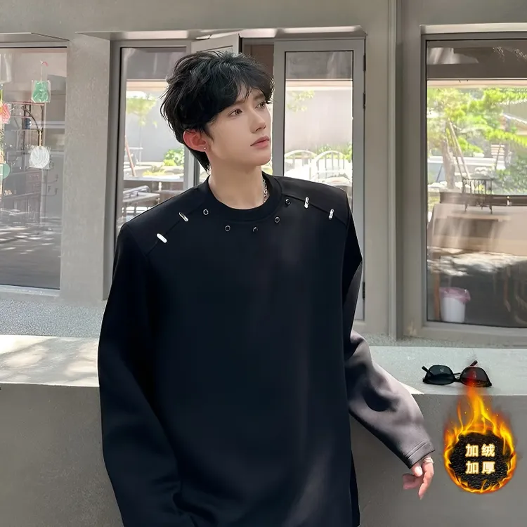 高级感垫肩重磅卫衣男秋冬季美式加绒长袖T恤潮牌痞帅圆领打底衫