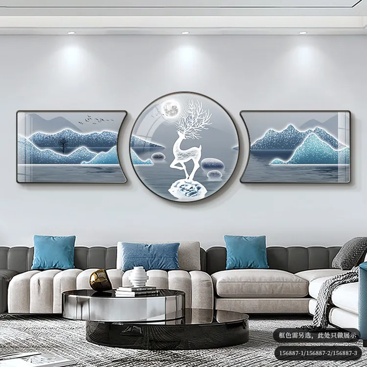 2025新款客厅背景墙挂画高端晶瓷画大气沙发墙装饰画三联画壁画