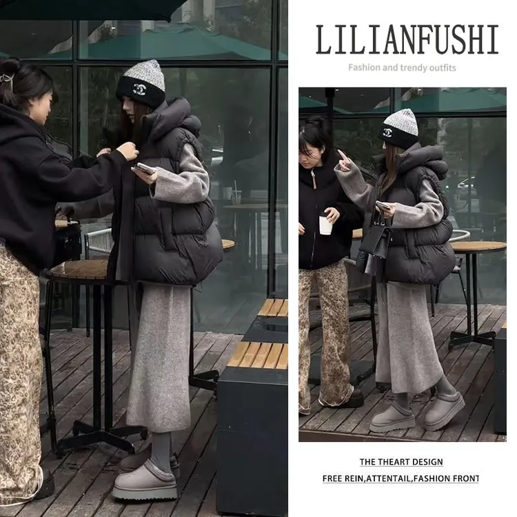 2025秋冬新款宽松连帽棉服马甲外套长袖针织衫显瘦阔腿裤三件套女