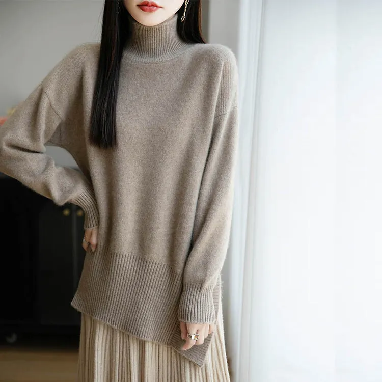 秋冬100%纯羊毛衫女加厚高领中长款打底宽松不规则下摆毛衣RT1232