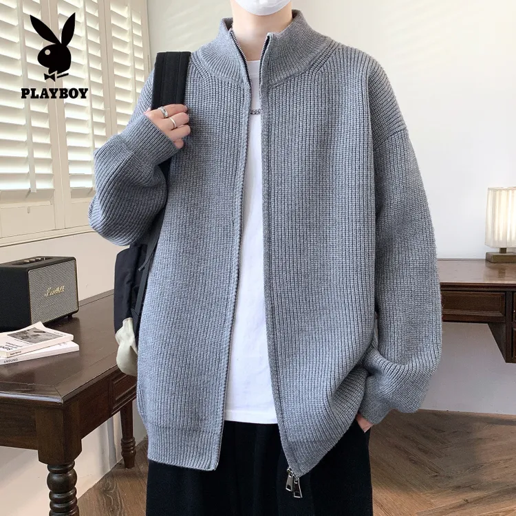 花花公子立领拉链毛衣外套男女款早秋设计感纯色修身美式针织衫