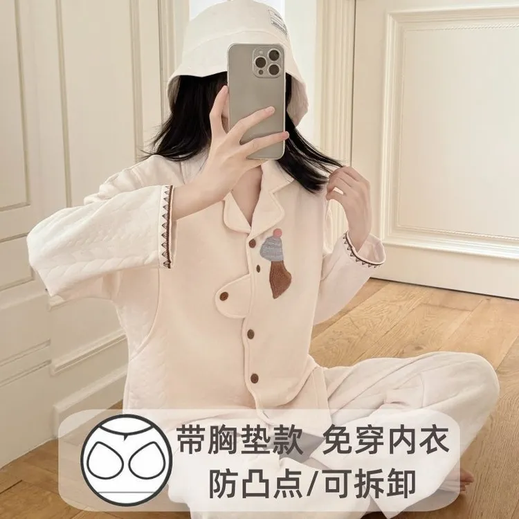 空气棉月子服秋冬带胸垫产妇产后哺乳十月份11冬季孕妇睡衣不勒肚