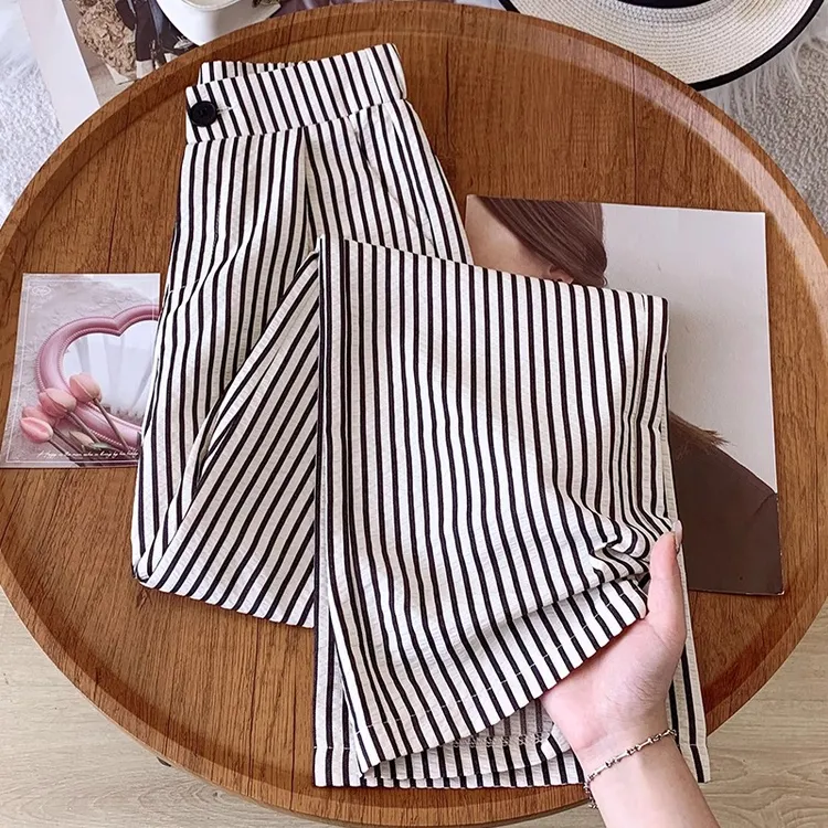 冰丝裤子条纹阔腿裤女夏季薄款2025新款高腰显瘦窄版直筒休闲裤子