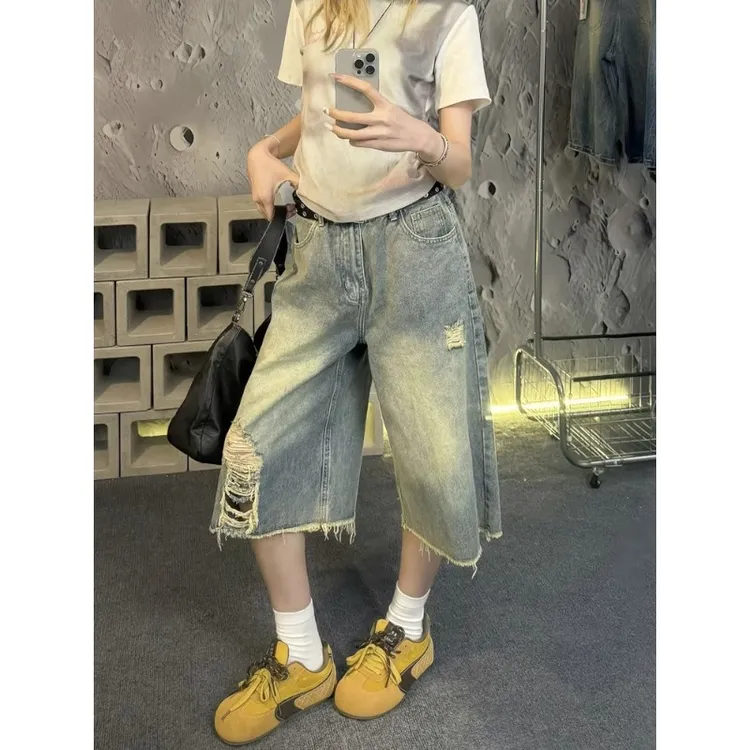 大码复古毛边破洞牛仔七分裤女夏季新款直筒高腰宽松显瘦阔腿短裤
