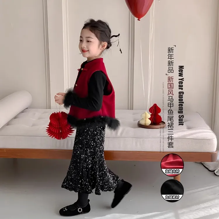 女童拜年服2025新款冬装新中式红色新年衣服公主裙套装儿童过年服