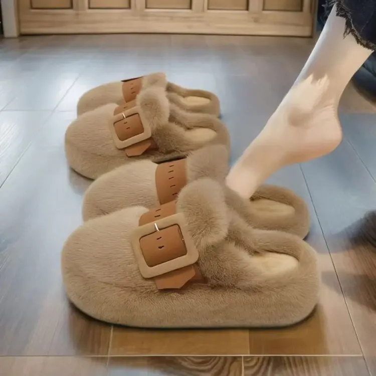 包头加厚毛毛拖鞋女外穿2025新款秋冬厚底孕妇一脚蹬高级感棉拖