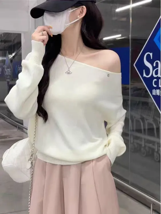 韩系条纹斜肩针织长袖T恤女 早秋新款上松下紧遮肉显瘦蝙蝠袖上衣